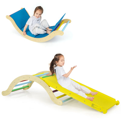 *Wooden Climber Ladder Structure with Rock Climbing Ramp and Padding - Yellow
