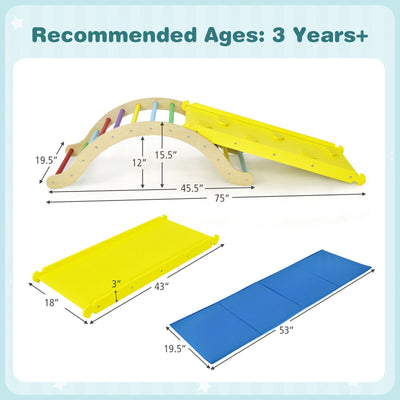 *Wooden Climber Ladder Structure with Rock Climbing Ramp and Padding - Yellow