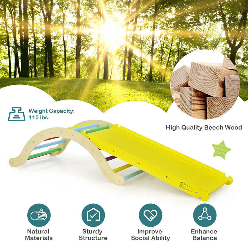 *Wooden Climber Ladder Structure with Rock Climbing Ramp and Padding - Yellow