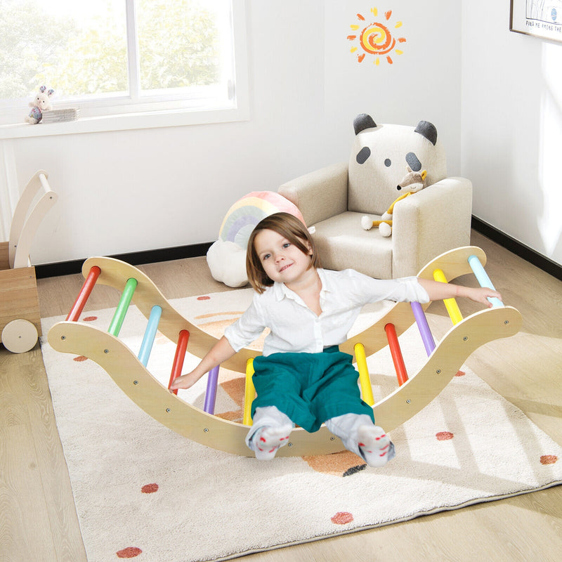 *Wooden Climber Ladder Structure with Rock Climbing Ramp and Padding - Yellow