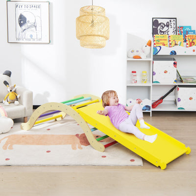 *Wooden Climber Ladder Structure with Rock Climbing Ramp and Padding - Yellow