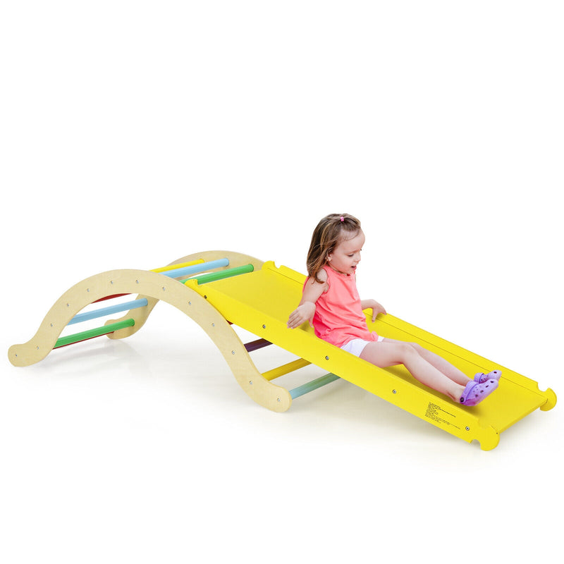 *Wooden Climber Ladder Structure with Rock Climbing Ramp and Padding - Yellow