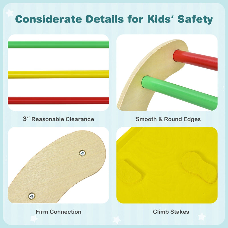 *Wooden Climber Ladder Structure with Rock Climbing Ramp and Padding - Yellow