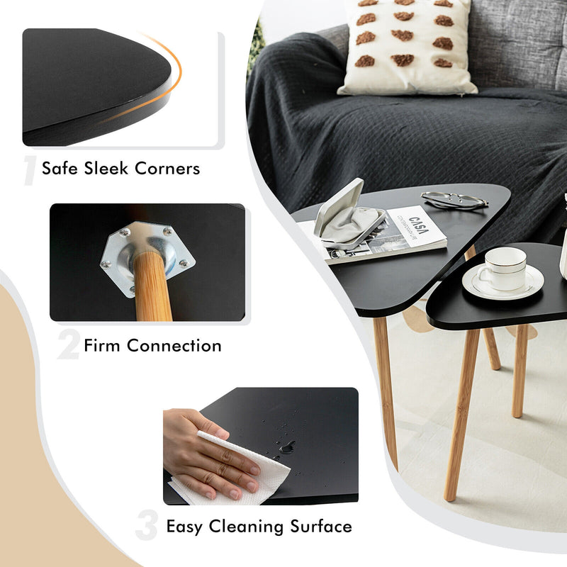 Set of 2 Modern Nesting Coffee Tables Triangular Tabletop Bamboo Legs