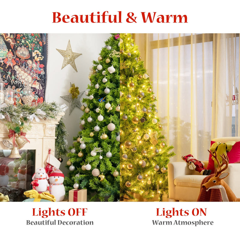 7.5 Feet Pre-Lit Hinged Christmas Tree Green Flocked with 1404 Tips and 530 LED Lights