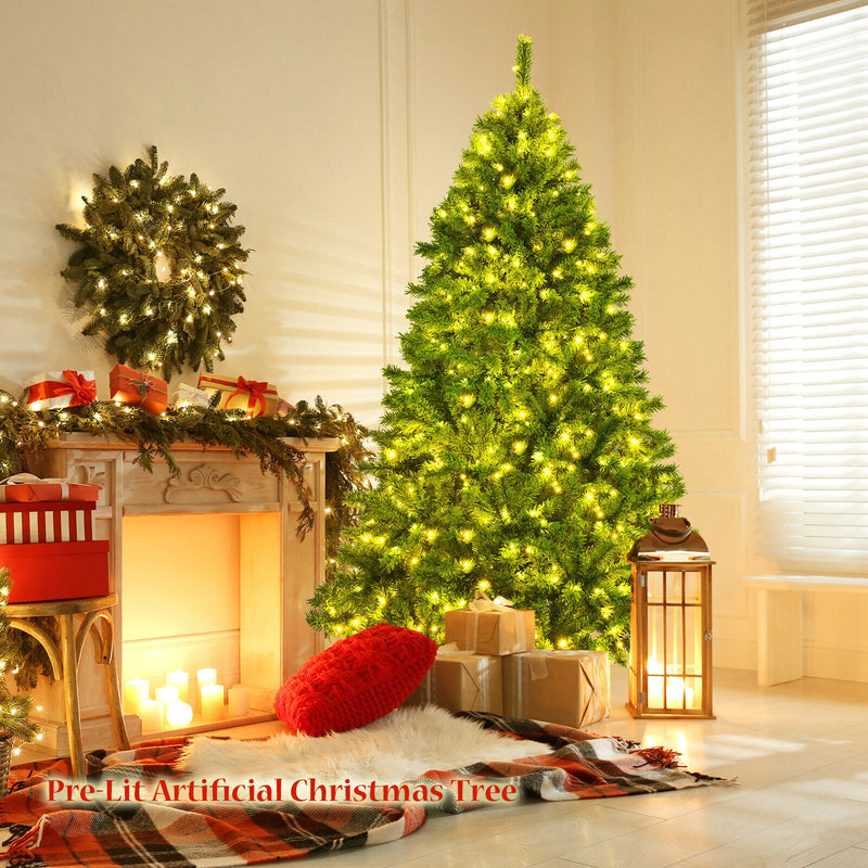7.5 Feet Pre-Lit Hinged Christmas Tree Green Flocked with 1404 Tips and 530 LED Lights