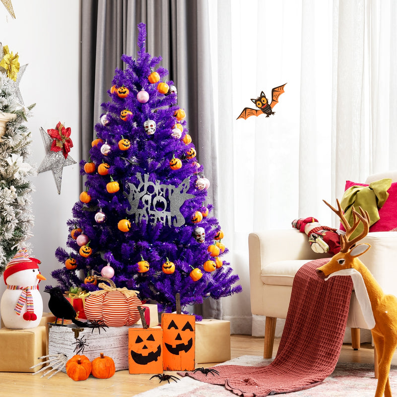 Artificial Prelit Purple Halloween Tree with Orange Lights and Pumpkin Ornaments-5&