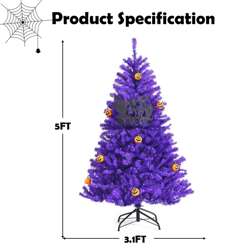 Artificial Prelit Purple Halloween Tree with Orange Lights and Pumpkin Ornaments-5&