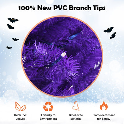 Artificial Prelit Purple Halloween Tree with Orange Lights and Pumpkin Ornaments-5'