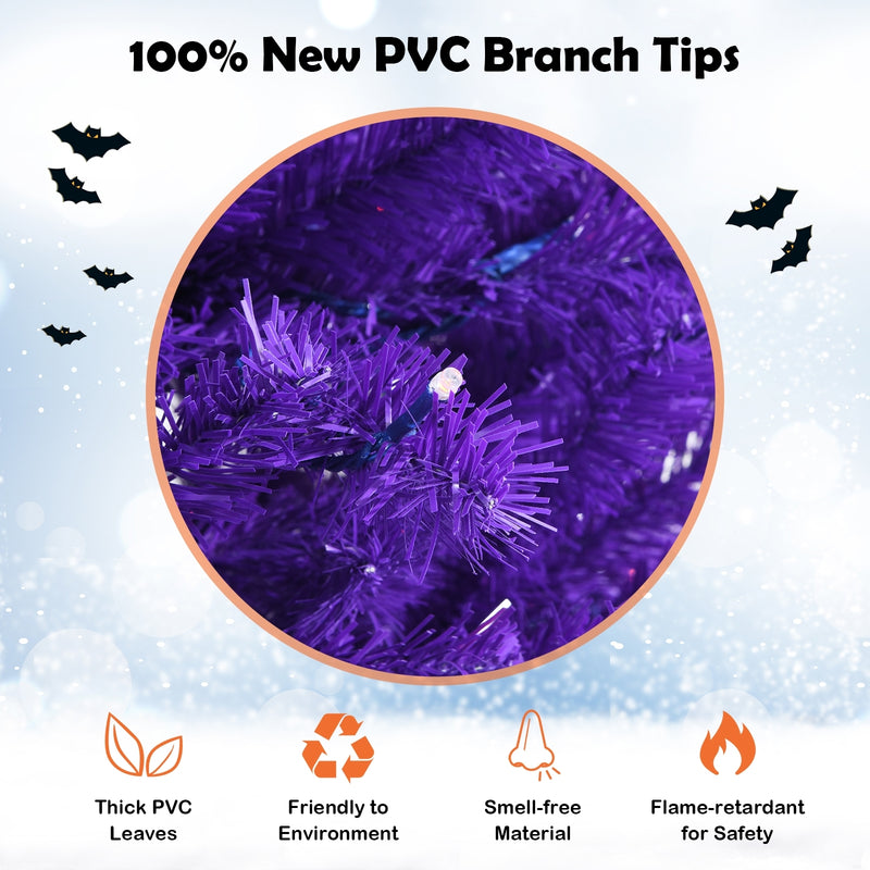 Artificial Prelit Purple Halloween Tree with Orange Lights and Pumpkin Ornaments-5&