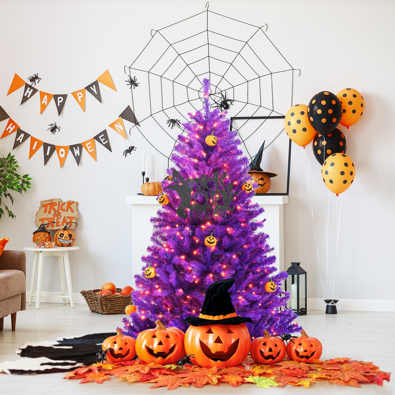 Artificial Prelit Purple Halloween Tree with Orange Lights and Pumpkin Ornaments-5&