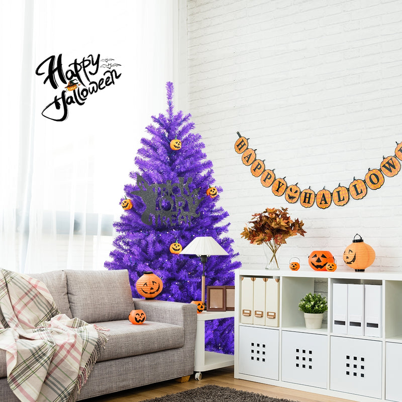 Artificial Prelit Purple Halloween Tree with Orange Lights and Pumpkin Ornaments-5&