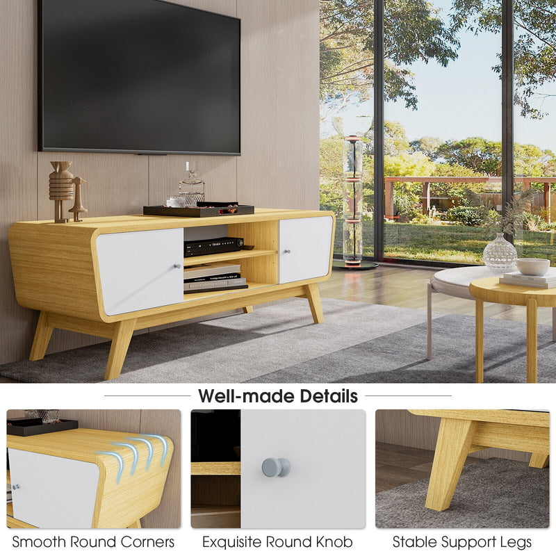 Mid Century TV Stand for TVs up to 55 Inch Media Console Table Sliding Door-Natural