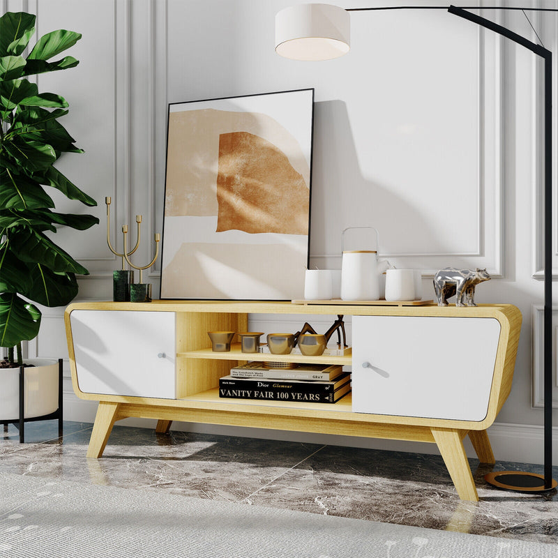 Mid Century TV Stand for TVs up to 55 Inch Media Console Table Sliding Door-Natural