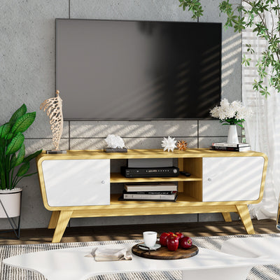 Mid Century TV Stand for TVs up to 55 Inch Media Console Table Sliding Door-Natural