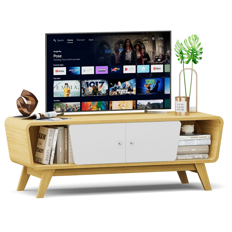 Mid Century TV Stand for TVs up to 55 Inch Media Console Table Sliding Door-Natural