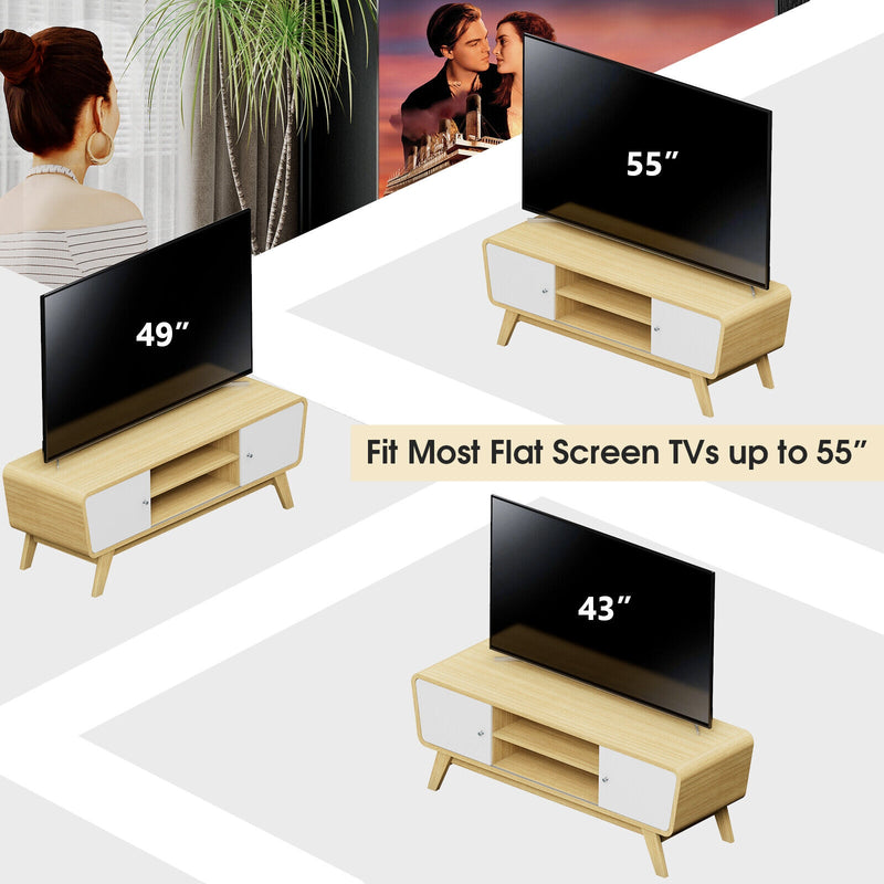 Mid Century TV Stand for TVs up to 55 Inch Media Console Table Sliding Door-Natural