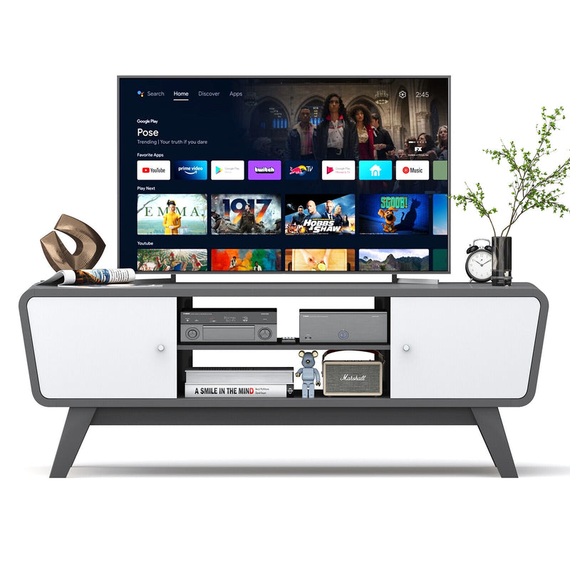 Mid Century TV Stand for TVs up to 55 Inch Media Console Table Sliding Door-Gray