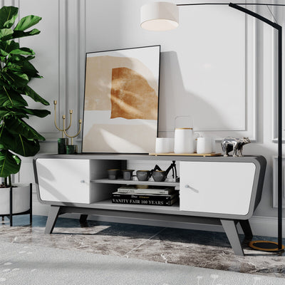 Mid Century TV Stand for TVs up to 55 Inch Media Console Table Sliding Door-Gray