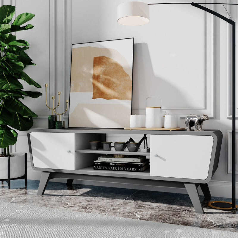 Mid Century TV Stand for TVs up to 55 Inch Media Console Table Sliding Door-Gray