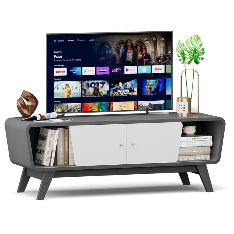 Mid Century TV Stand for TVs up to 55 Inch Media Console Table Sliding Door-Gray