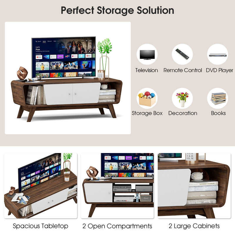 Mid Century TV Stand for TVs up to 55 Inch Media Console Table Sliding Door-Walnut