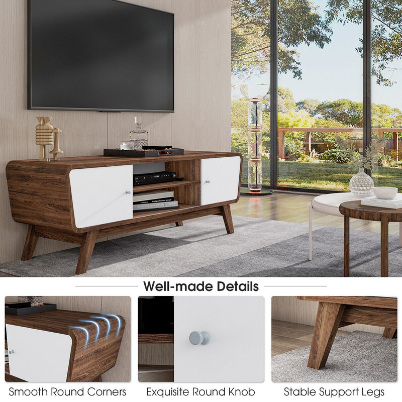 Mid Century TV Stand for TVs up to 55 Inch Media Console Table Sliding Door-Walnut