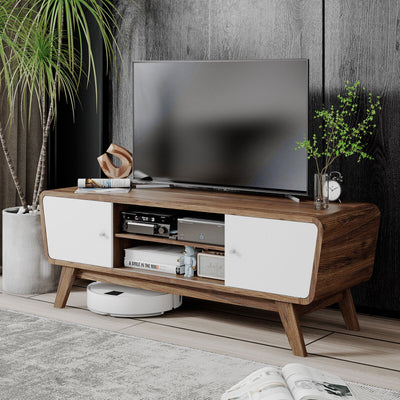 Mid Century TV Stand for TVs up to 55 Inch Media Console Table Sliding Door-Walnut