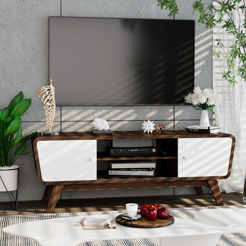 Mid Century TV Stand for TVs up to 55 Inch Media Console Table Sliding Door-Walnut