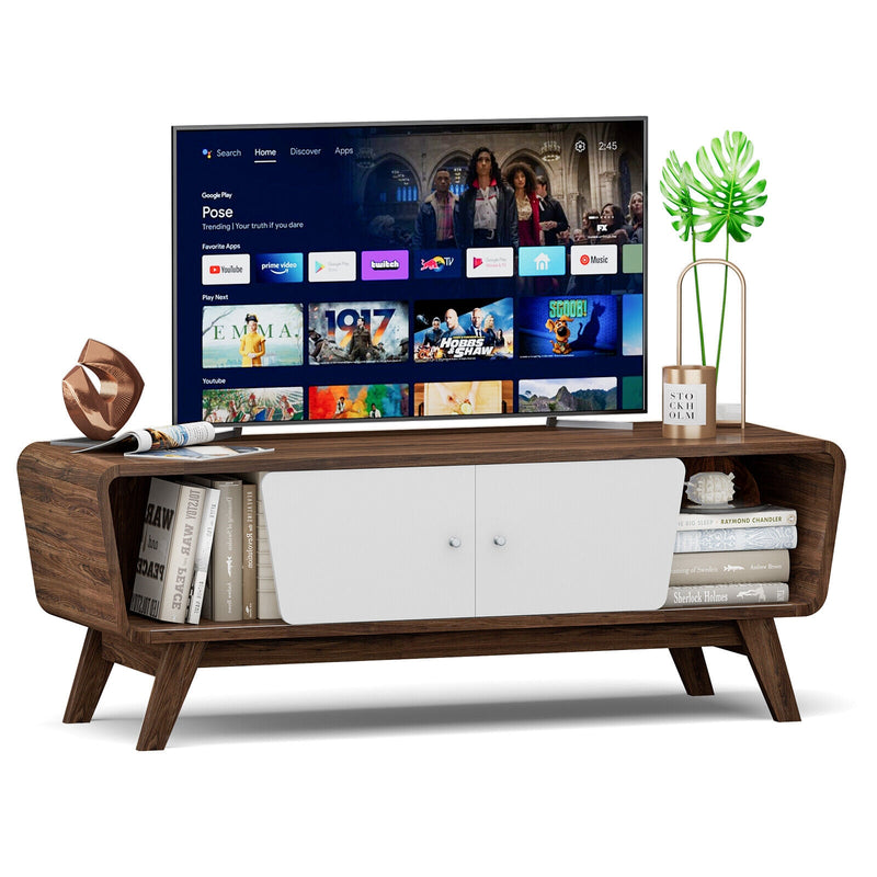 Mid Century TV Stand for TVs up to 55 Inch Media Console Table Sliding Door-Walnut