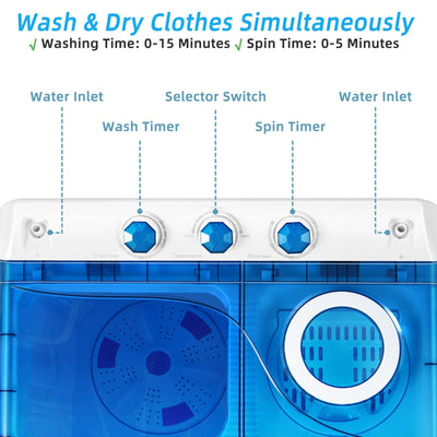*26lbs Portable Semi-Automatic Twin Tub Washing Machine with Drain Pump - Blue