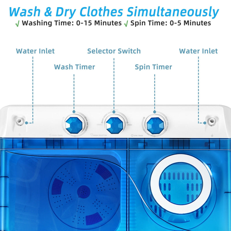 *26lbs Portable Semi-Automatic Twin Tub Washing Machine with Drain Pump - Blue
