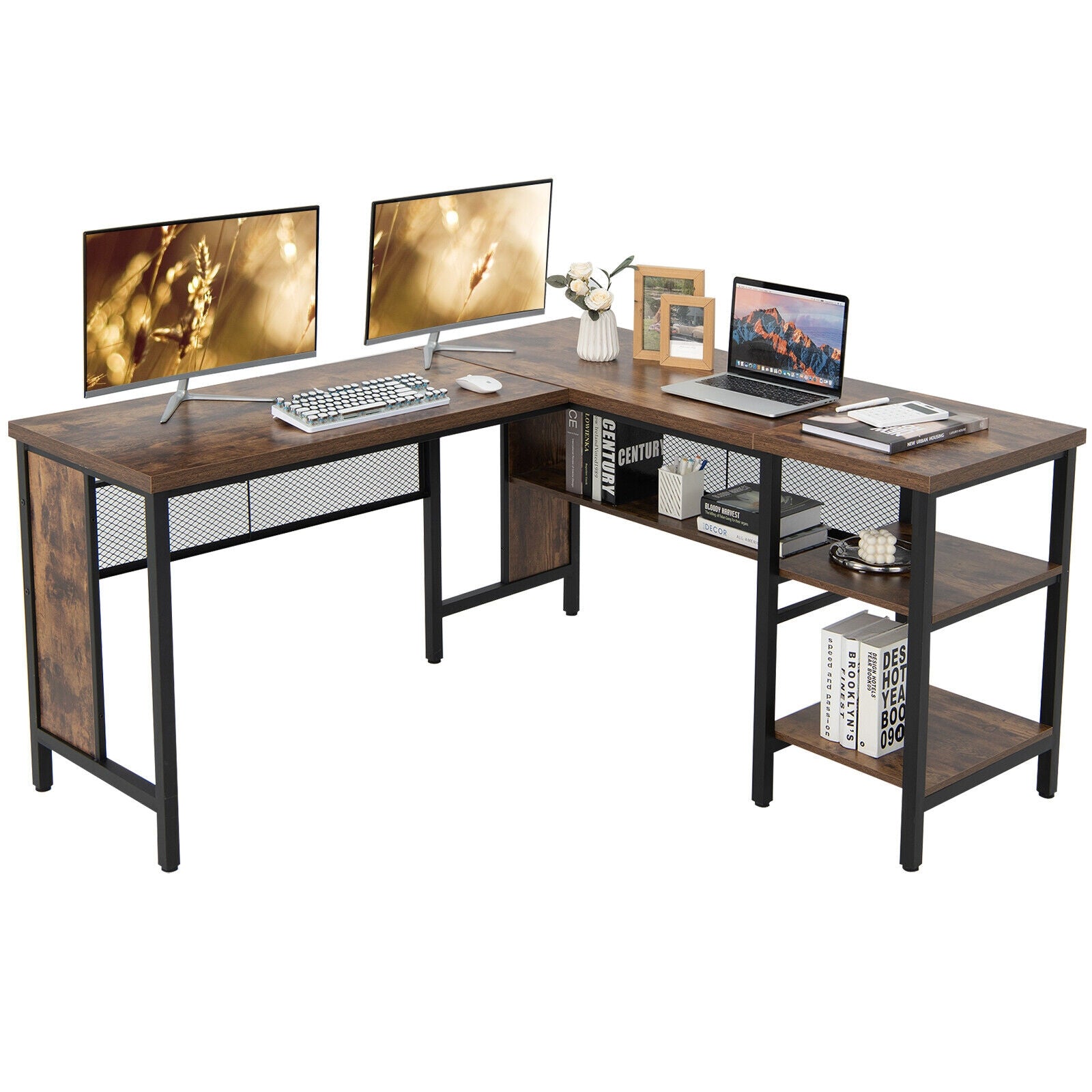 Industrial L-Shaped Corner Computer Desk Office Workstation with Stora