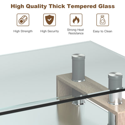 Rectangle Glass Coffee Table with Metal Legs for Living Room-Natural