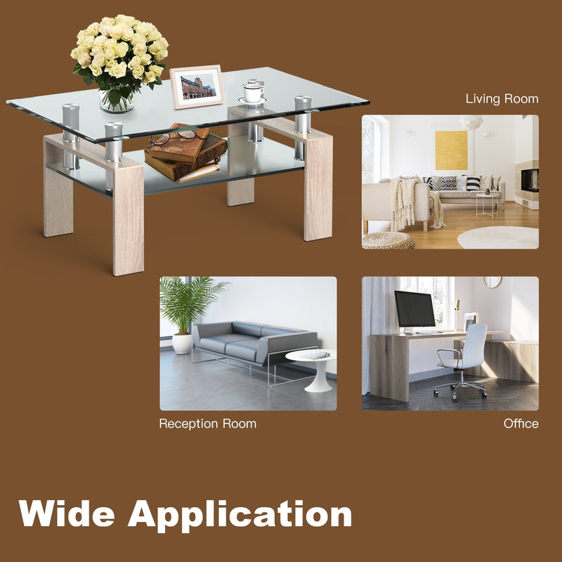 Rectangle Glass Coffee Table with Metal Legs for Living Room-Natural