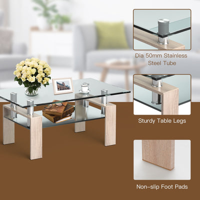 Rectangle Glass Coffee Table with Metal Legs for Living Room-Natural