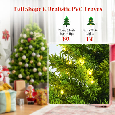 4.5 Feet Pre-Lit Hinged Christmas Tree Green Flocked with 392 Tips and 150 LED Lights