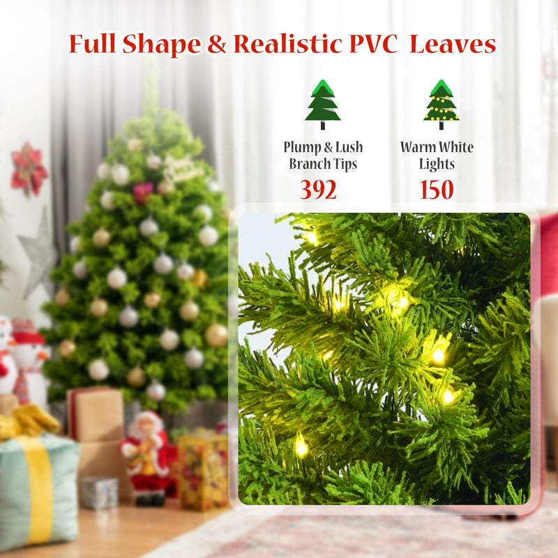 4.5 Feet Pre-Lit Hinged Christmas Tree Green Flocked with 392 Tips and 150 LED Lights