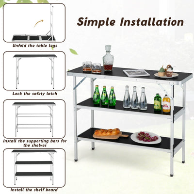 *Folding Camping Table with 2-Tier Open Shelves for Outdoor BBQ - Black