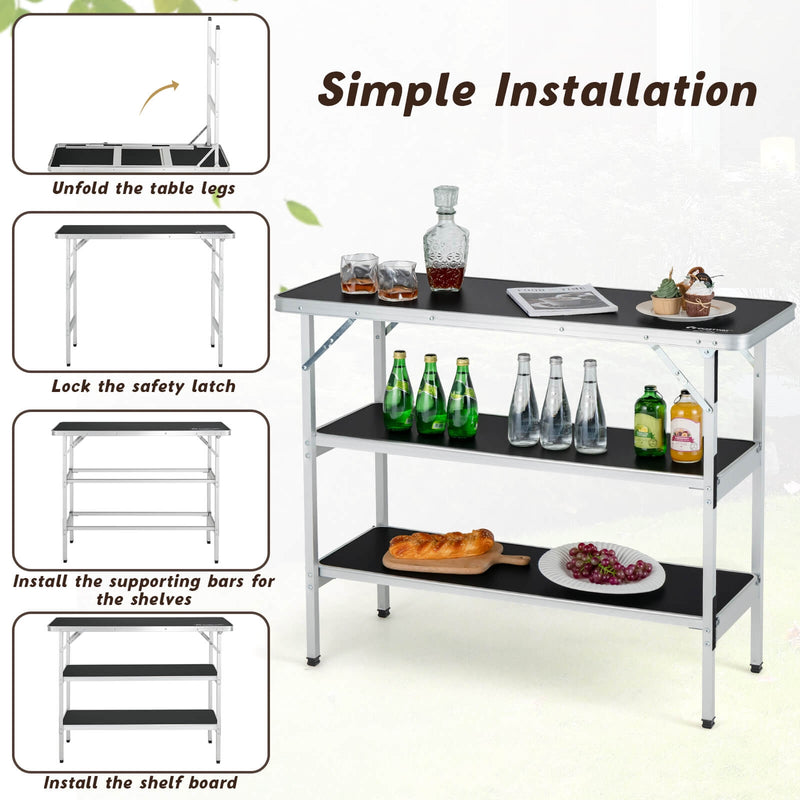 *Folding Camping Table with 2-Tier Open Shelves for Outdoor BBQ - Black