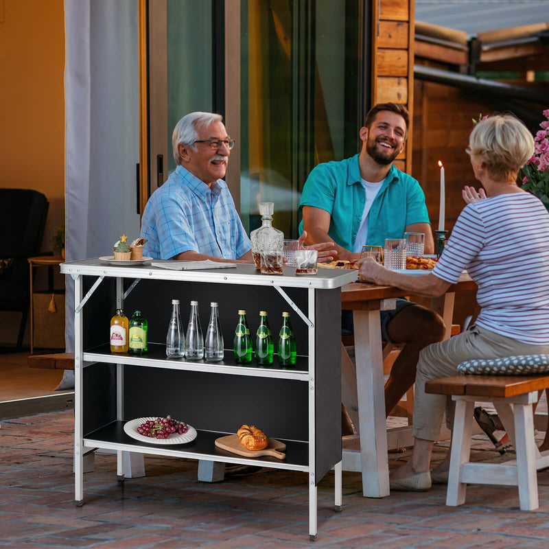 *Folding Camping Table with 2-Tier Open Shelves for Outdoor BBQ - Black