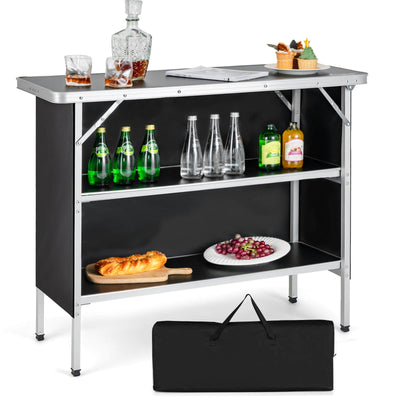 *Folding Camping Table with 2-Tier Open Shelves for Outdoor BBQ - Black