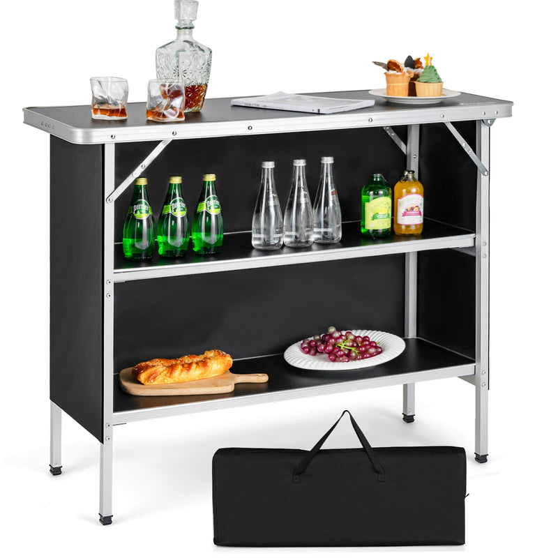 *Folding Camping Table with 2-Tier Open Shelves for Outdoor BBQ - Black
