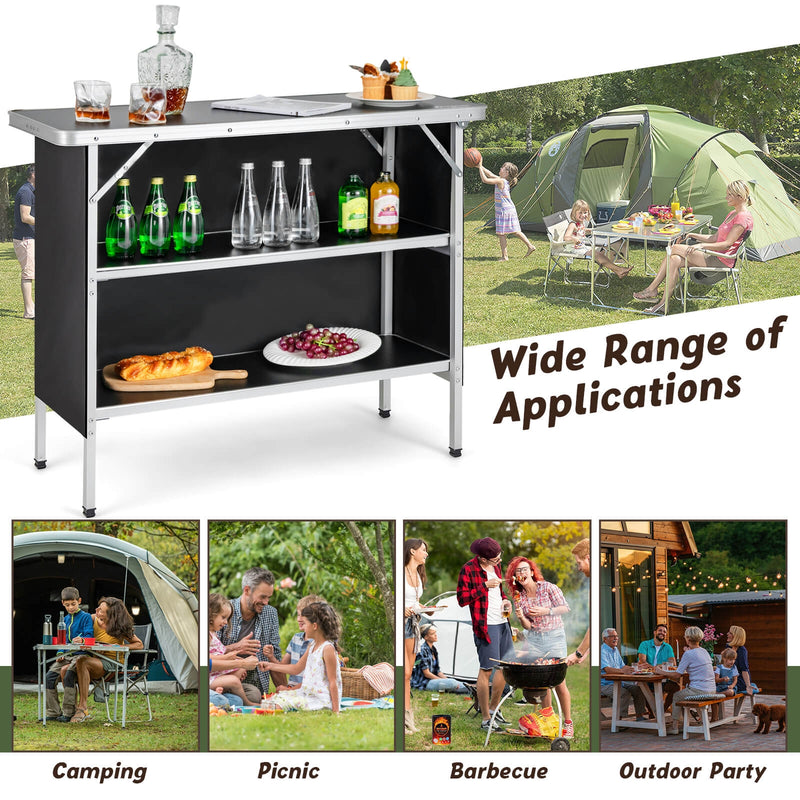 *Folding Camping Table with 2-Tier Open Shelves for Outdoor BBQ - Black