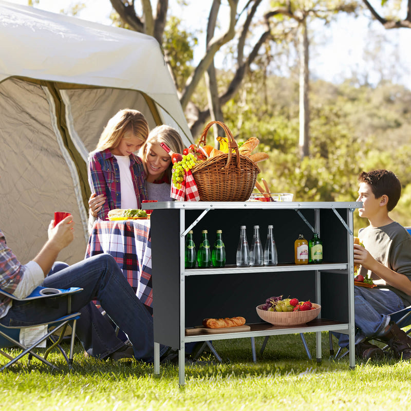 *Folding Camping Table with 2-Tier Open Shelves for Outdoor BBQ - Coffee