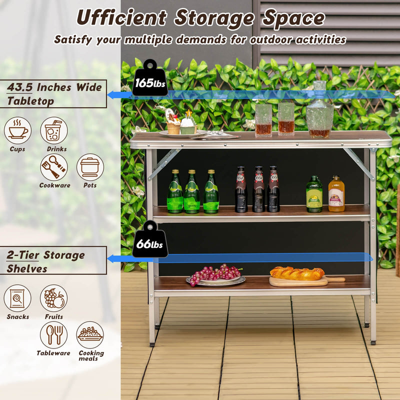 *Folding Camping Table with 2-Tier Open Shelves for Outdoor BBQ - Coffee