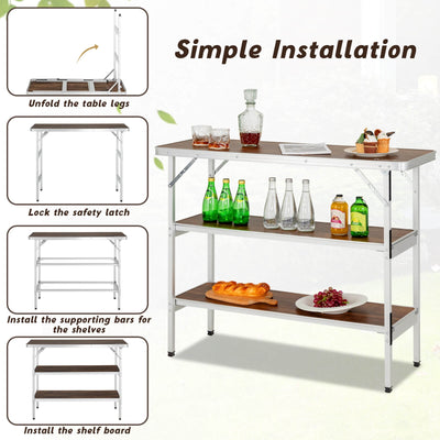 *Folding Camping Table with 2-Tier Open Shelves for Outdoor BBQ - Coffee