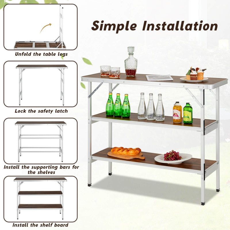*Folding Camping Table with 2-Tier Open Shelves for Outdoor BBQ - Coffee