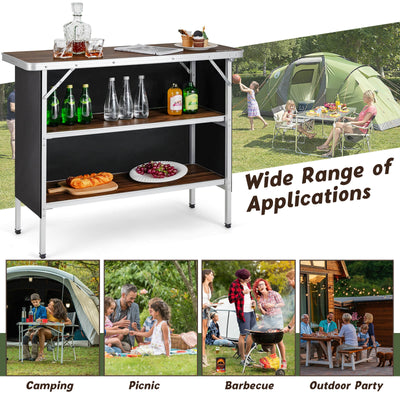 *Folding Camping Table with 2-Tier Open Shelves for Outdoor BBQ - Coffee