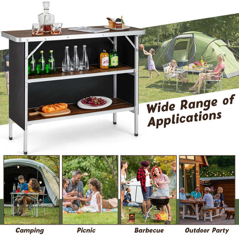 *Folding Camping Table with 2-Tier Open Shelves for Outdoor BBQ - Coffee